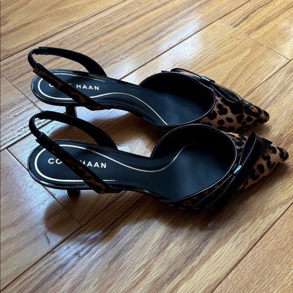 New! Cole Haan Noella Bow Leopard Print Leather Slingback Kitten Heel Pumps  7 - Picture 12 of 15